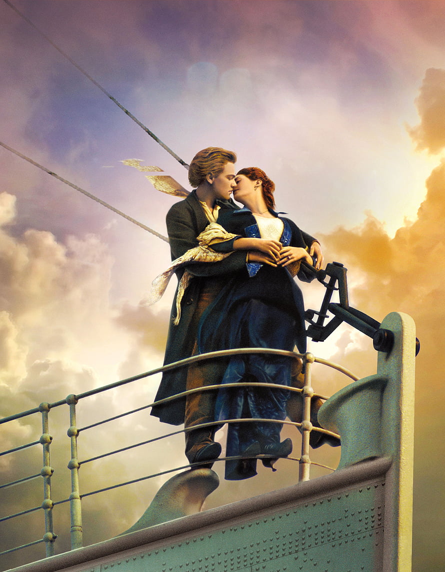 Leonardo DiCaprio and Kate Winslet Embrace on the Bow of the Titanic Ship HD phone wallpaper