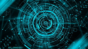 Futuristic Cyan Holographic Interface with Concentric Circuits and Hexagonal Data Patterns HD wallpaper