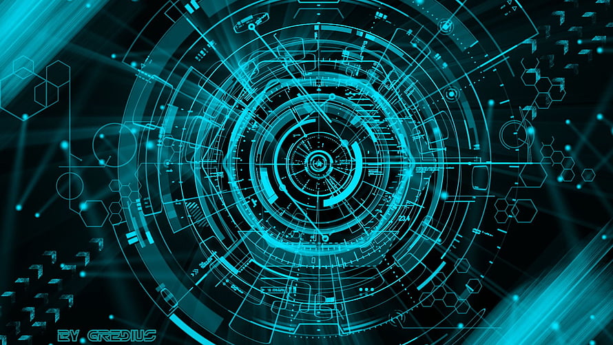 Futuristic Cyan Holographic Interface with Concentric Circuits and Hexagonal Data Patterns HD wallpaper