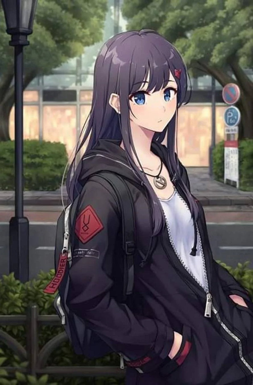 Anime Girl in Black Hoodie Standing on a City Street with Backpack HD phone wallpaper