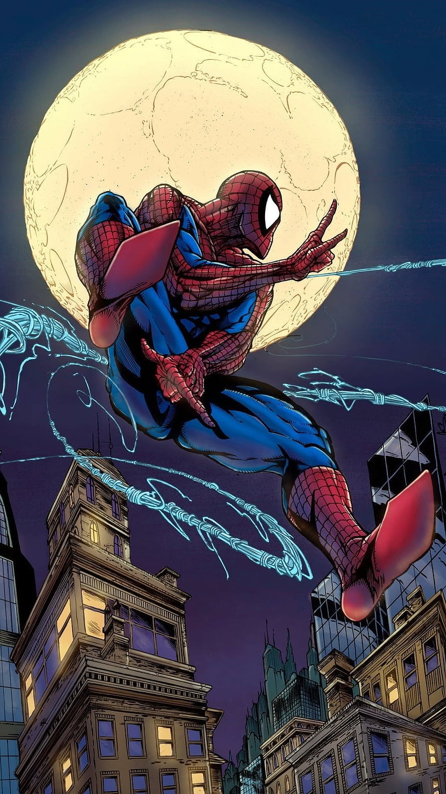 Spider-Man Swinging Through a Moonlit Cityscape in Classic Comic Book Style, Spiderman Comic, Marvel Comic HD phone wallpaper