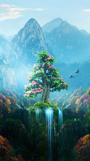 Fantasy Landscape With Blooming Tree On Cliff Edge And Waterfall HD phone wallpaper