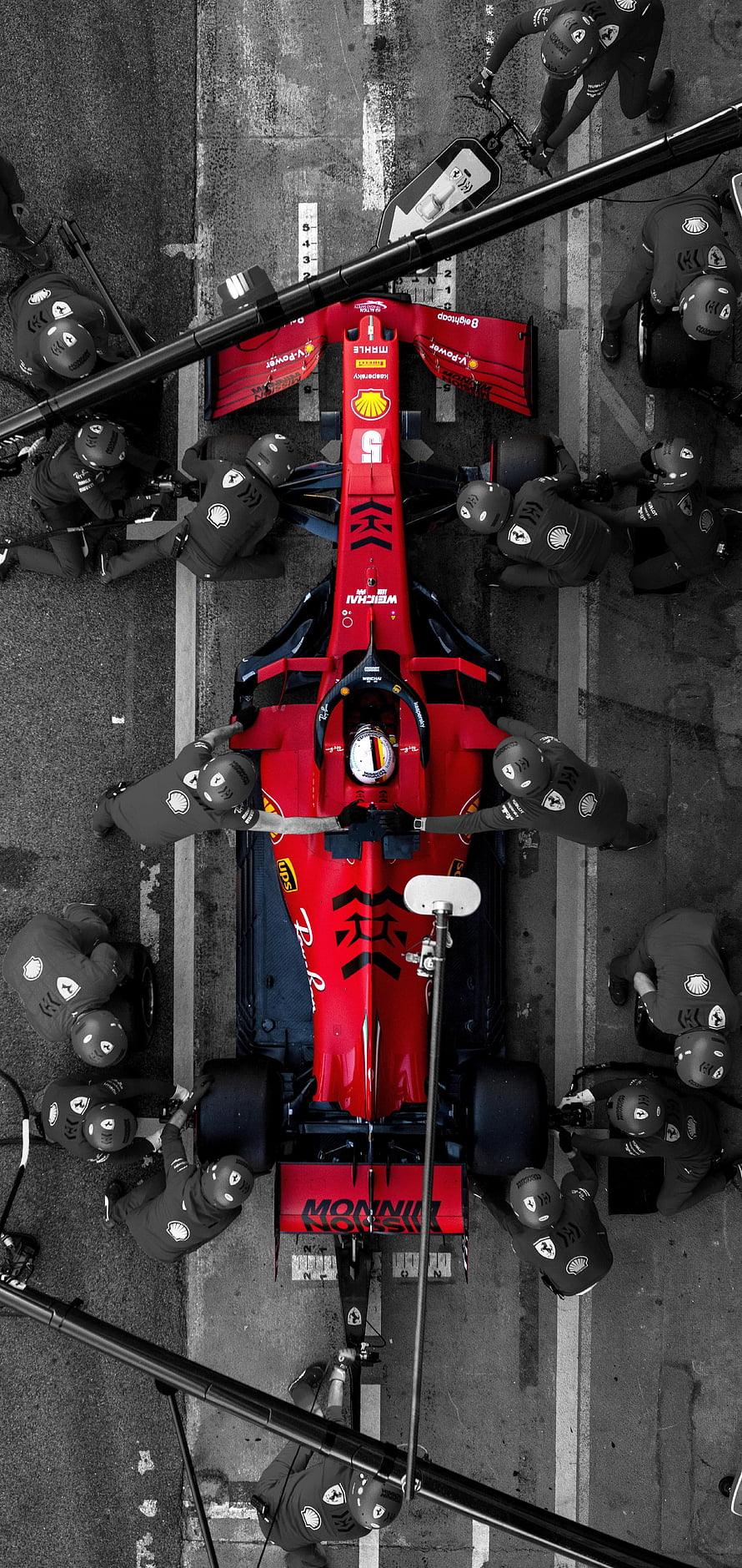 Ferrari F1 Pit Stop Overhead View With Crew In Black And White HD phone wallpaper
