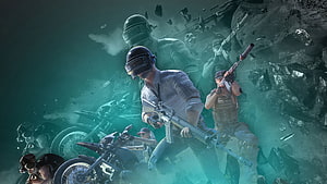 PUBG Mobile Battle Royale Action Artwork with Soldiers and Motorcycles HD wallpaper