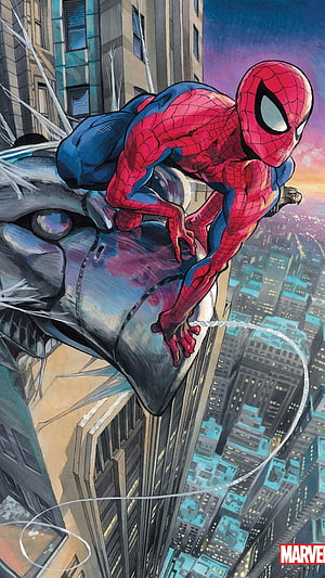 Spider-Man Crouched on a Car Rooftop with Web Line Against a City Skyline, Spiderman Comic, Comic Spider man, Cartoon HD phone wallpaper