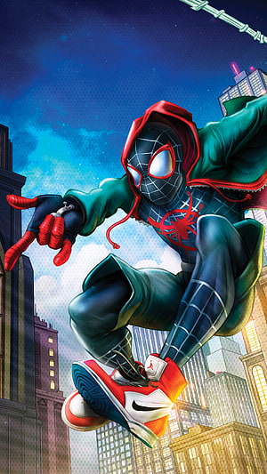 Miles Morales Spider-Man in Green Hoodie Swinging Over City Skyline at Night, Spider Man, Miles Morales, , , Background, And , Spider Man HD phone wallpaper