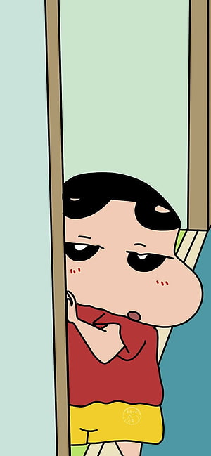 Shin-chan Peeking from Behind a Door in Red Shirt and Yellow Shorts Anime Illustration HD phone wallpaper