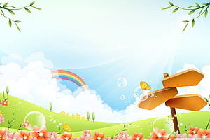 Whimsical Spring Meadow with Rainbow, Butterflies, and Wooden Signpost HD wallpaper