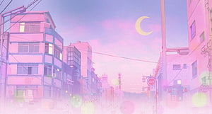 Dreamy Pink Japanese City Street at Twilight with Crescent Moon and Bokeh Lights HD wallpaper