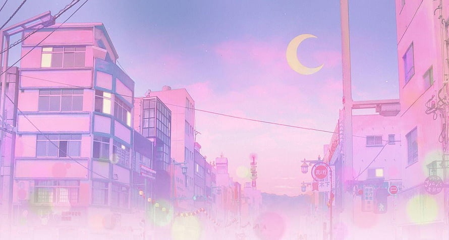 Dreamy Pink Japanese City Street at Twilight with Crescent Moon and Bokeh Lights HD wallpaper
