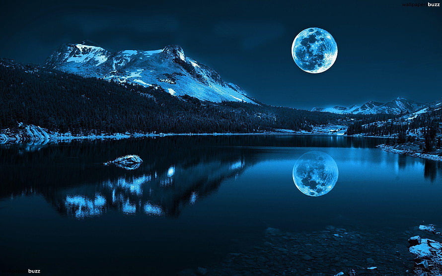 Full Moon Over Snow-Capped Mountain Lake at Night HD wallpaper