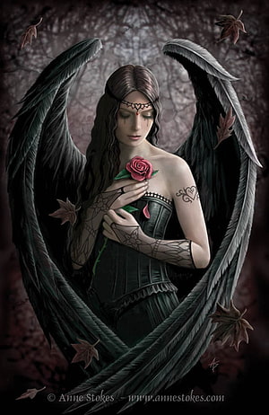 Dark Fantasy Angel Holding a Red Rose with Black Wings and Lace Gloves HD phone wallpaper