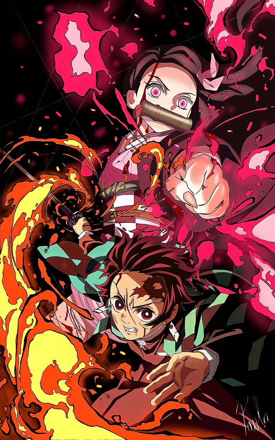 Tanjiro and Nezuko Kamado Fighting Together in Demon Slayer Anime Art HD phone wallpaper