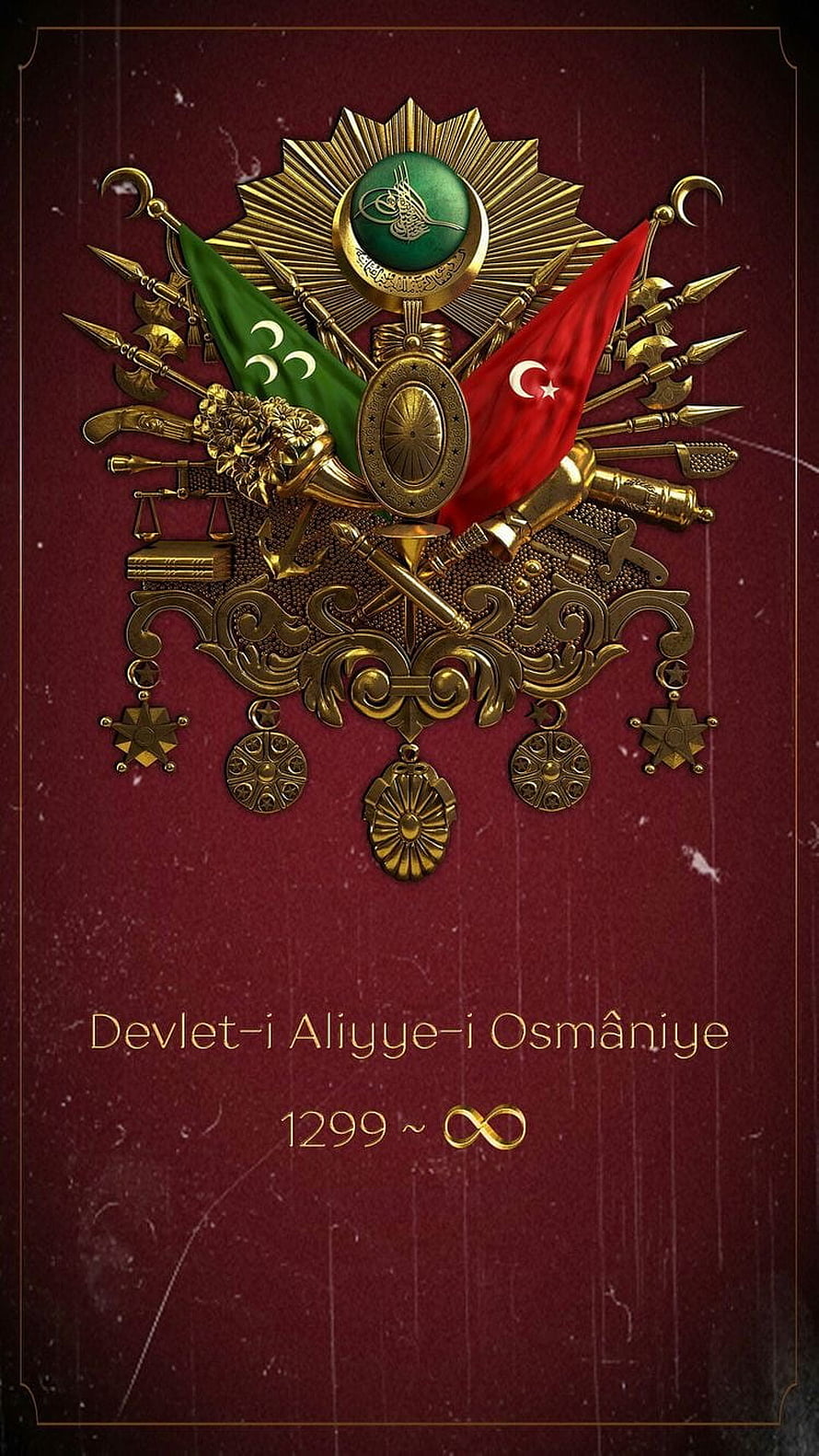 Ornate Ottoman Empire Emblem With Golden Weapons, Flags, and Medallions On Deep Red Background, Osmanlı Arması, arma, osmanli HD phone wallpaper