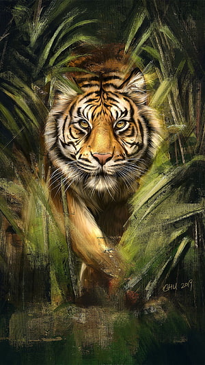 Majestic Tiger Portrait in Dense Jungle Foliage, Realistic Digital Animal Artwork HD phone wallpaper