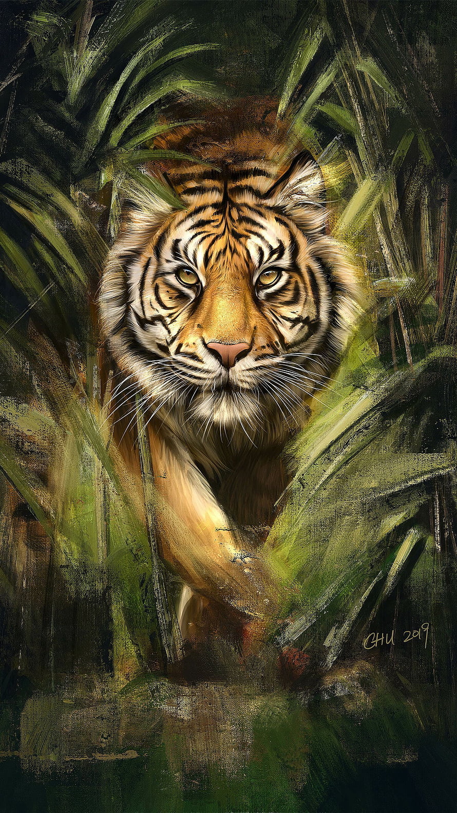 Majestic Tiger Portrait in Dense Jungle Foliage, Realistic Digital Animal Artwork HD phone wallpaper