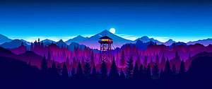 Neon Night Forest with Glowing Watchtower and Mountain Landscape HD wallpaper