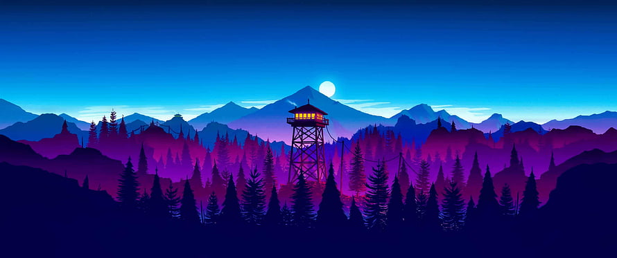 Neon Night Forest with Glowing Watchtower and Mountain Landscape HD wallpaper
