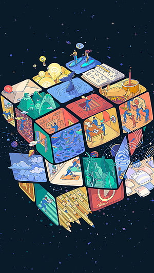 Isometric Rubik's Cube Illustration Featuring Creative Scenes Against a Starry Night Sky HD phone wallpaper