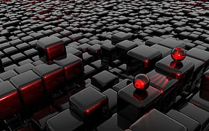 Abstract 3D Render of Glossy Black Cubes and Red Spheres in a Dark Grid HD wallpaper