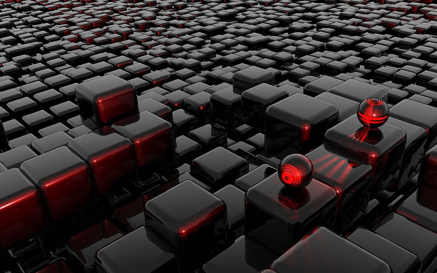 Abstract 3D Render of Glossy Black Cubes and Red Spheres in a Dark Grid HD wallpaper