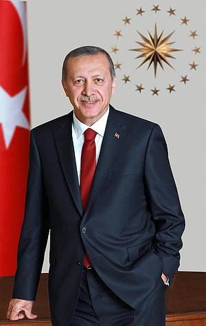 Recep Tayyip Erdoğan Official Portrait in Dark Suit with Turkish Flag and Presidential Emblem HD phone wallpaper