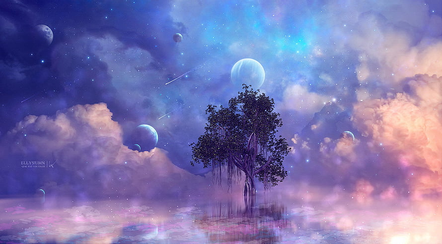 Ethereal Fantasy Landscape Featuring a Solitary Tree Amidst Cosmic Clouds and Distant Planets HD wallpaper