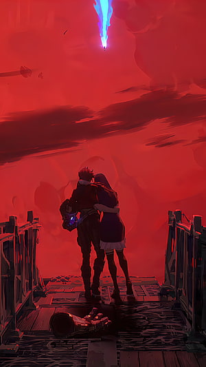 Arcane Vi and Caitlyn Embracing on a Bridge Under a Crimson Sky HD phone wallpaper