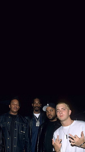 Eminem, Snoop Dogg, and Dr. Dre in a moody nighttime group portrait HD phone wallpaper