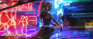 Cyberpunk 2077 Female Character in Neon-Lit Night City Street Scene HD wallpaper