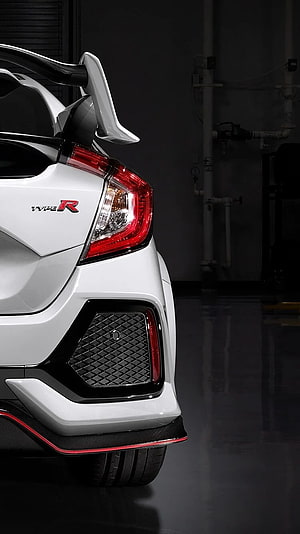 Rear Quarter Detail of a White Honda Civic Type R with Carbon Fiber Diffuser and Red Accents HD phone wallpaper