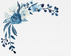 Navy Blue and White Watercolor Floral Corner Frame with Roses and Botanical Branches HD wallpaper