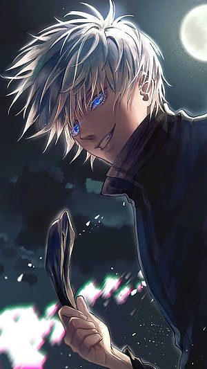 Gojo Satoru from Jujutsu Kaisen anime character with glowing blue eyes and cursed energy HD phone wallpaper