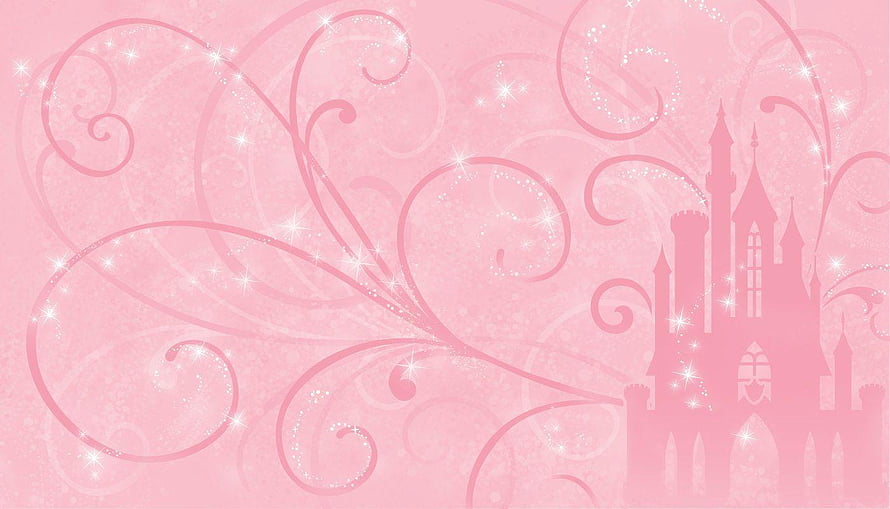 Pink Disney Princess Castle Silhouette with Elegant Swirls and Sparkling Fairy Dust HD wallpaper