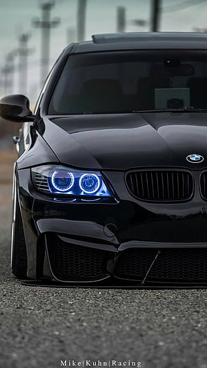Black BMW M3 with Blue Angel Eyes Headlights and Aggressive Front Bumper HD phone wallpaper