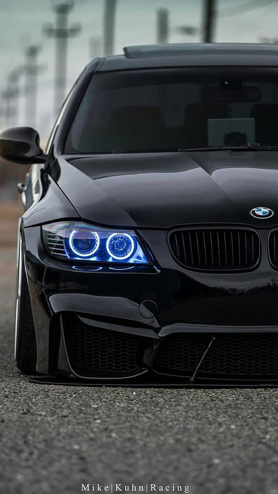 Black BMW M3 with Blue Angel Eyes Headlights and Aggressive Front Bumper HD phone wallpaper