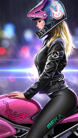 D.Va from Overwatch riding a pink motorcycle in the rain wearing a black leather suit and helmet HD phone wallpaper