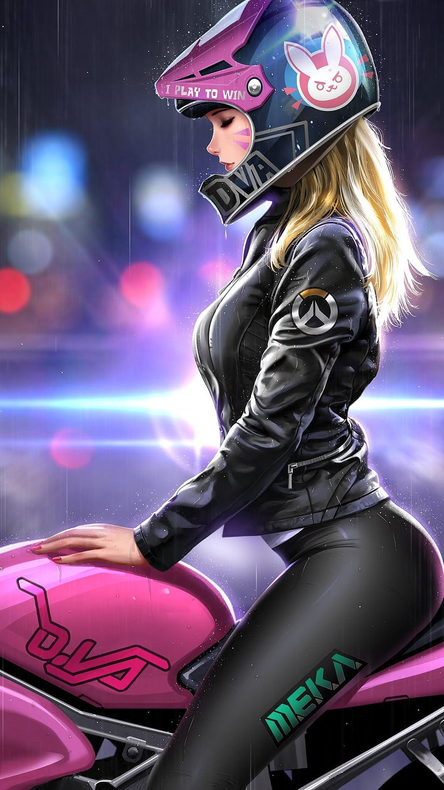 D.Va from Overwatch riding a pink motorcycle in the rain wearing a black leather suit and helmet HD phone wallpaper