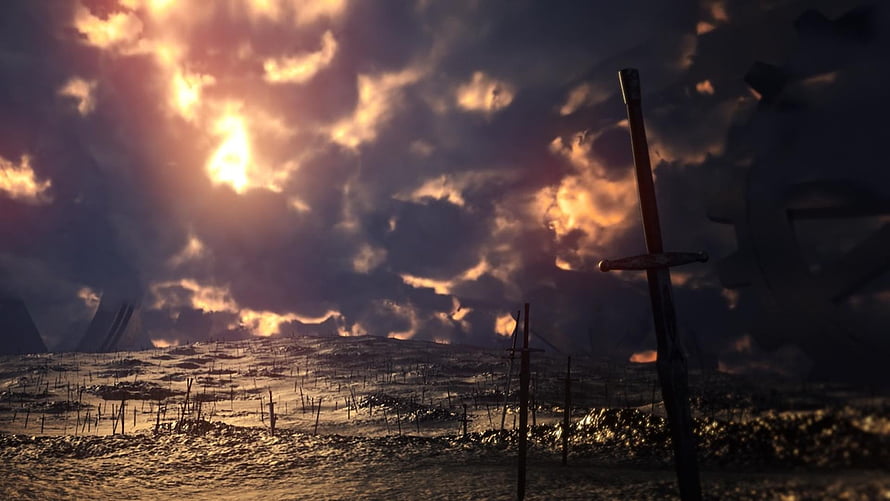 Unlimited Blade Works battlefield with swords planted in scorched earth under a dramatic sunset sky HD wallpaper