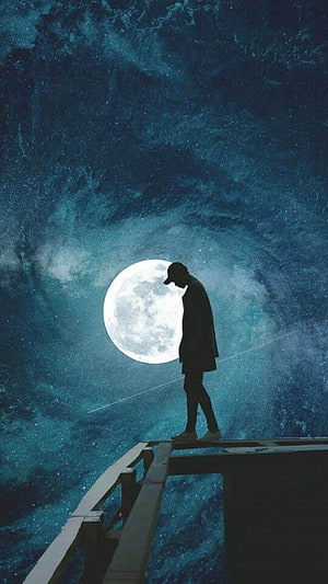 Melancholic Silhouette Standing on a Bridge Under a Full Moon in a Starry Night Sky HD phone wallpaper