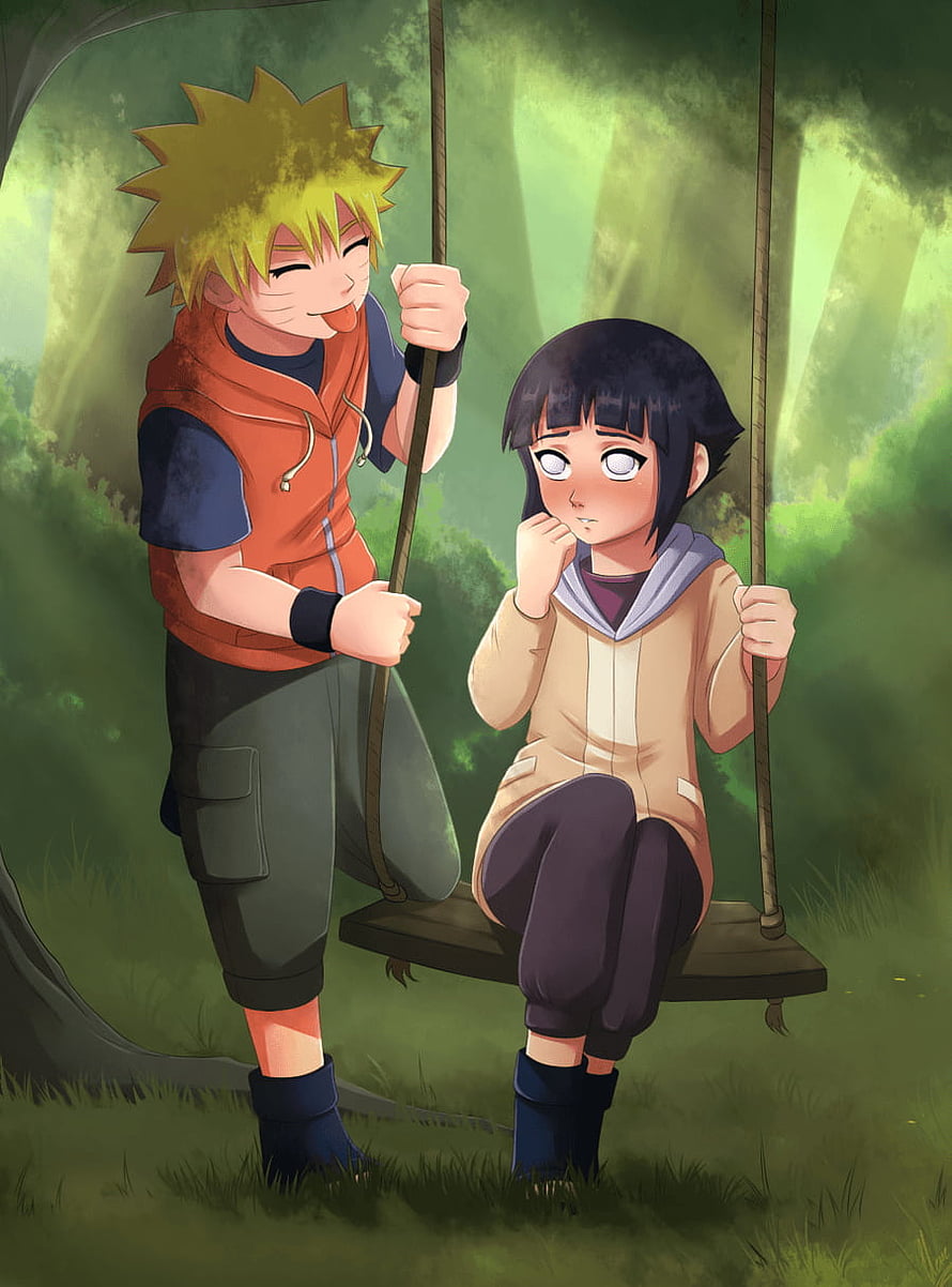 Naruto Uzumaki Pushing Hinata Hyuga on a Swing in the Forest HD phone wallpaper