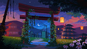 Pixel Art Japanese Torii Gate at Night with Floating Lanterns and Cityscape HD wallpaper