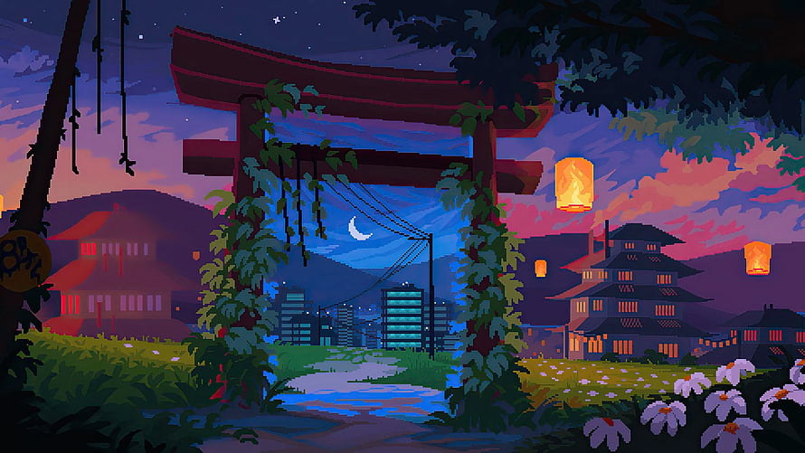 Pixel Art Japanese Torii Gate at Night with Floating Lanterns and Cityscape HD wallpaper