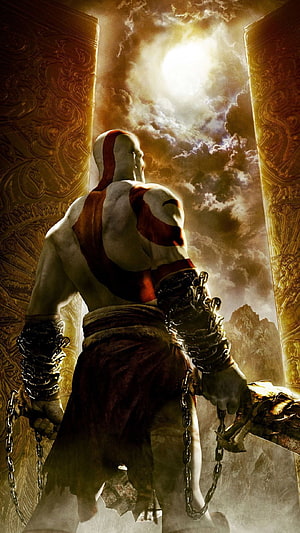 Kratos from God of War Standing Before Golden Gates Under Dramatic Sky HD phone wallpaper