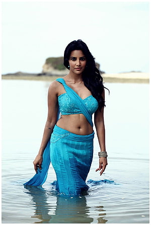Priya Anand in Turquoise Saree Walking Through Shallow Ocean Water HD phone wallpaper