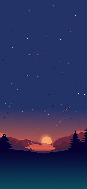 Starry Night Sky Over Mountain Lake With Shooting Stars And Sunset HD phone wallpaper