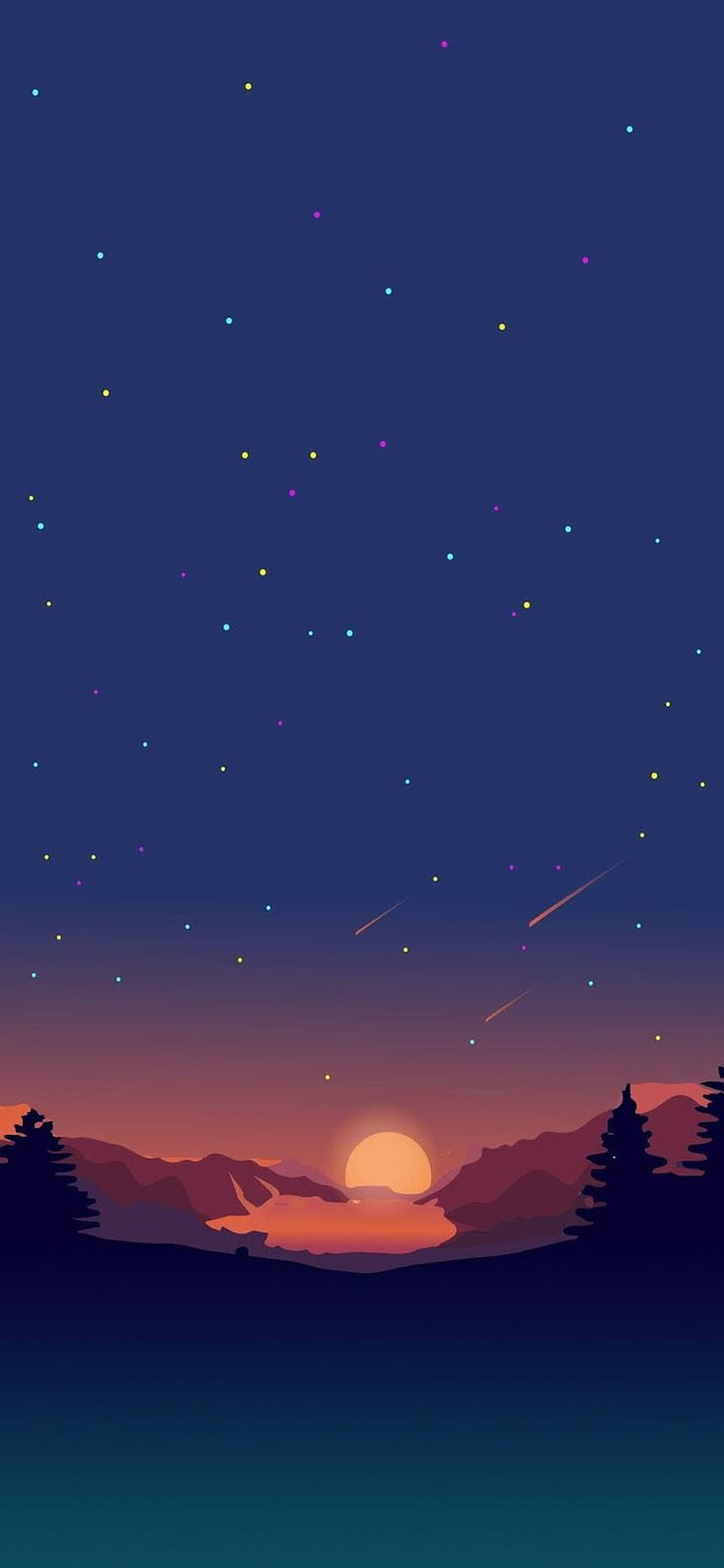 Starry Night Sky Over Mountain Lake With Shooting Stars And Sunset HD phone wallpaper