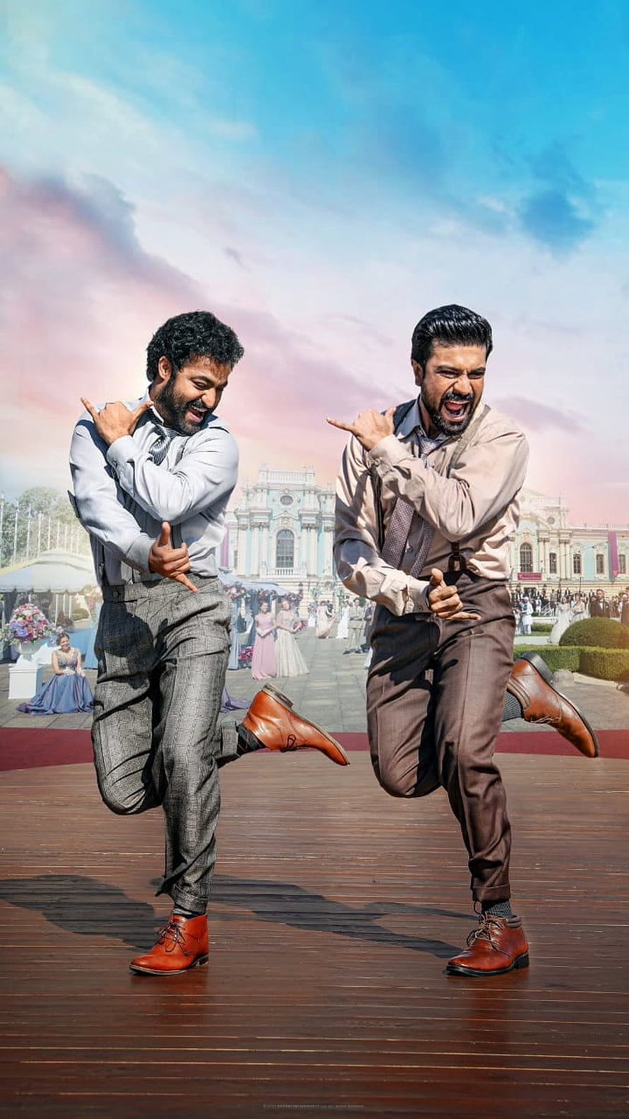 Rang De Basanti dance scene featuring Jr NTR and Ram Charan in vintage suits HD phone wallpaper