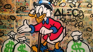 Scrooge McDuck Street Art Mural With Money Bags And Comic Book Background HD wallpaper