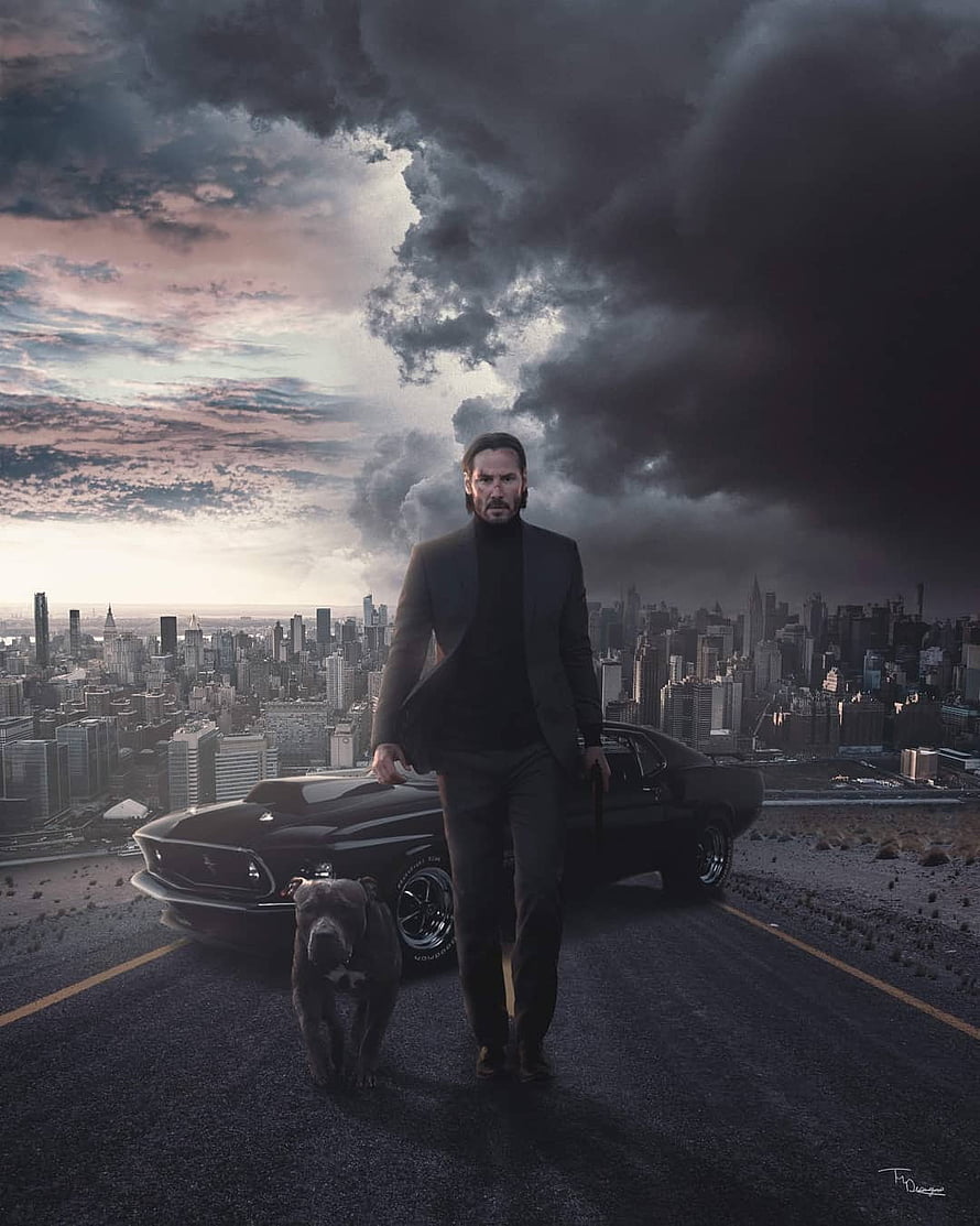 John Wick Walking with Dog and Mustang in City HD phone wallpaper